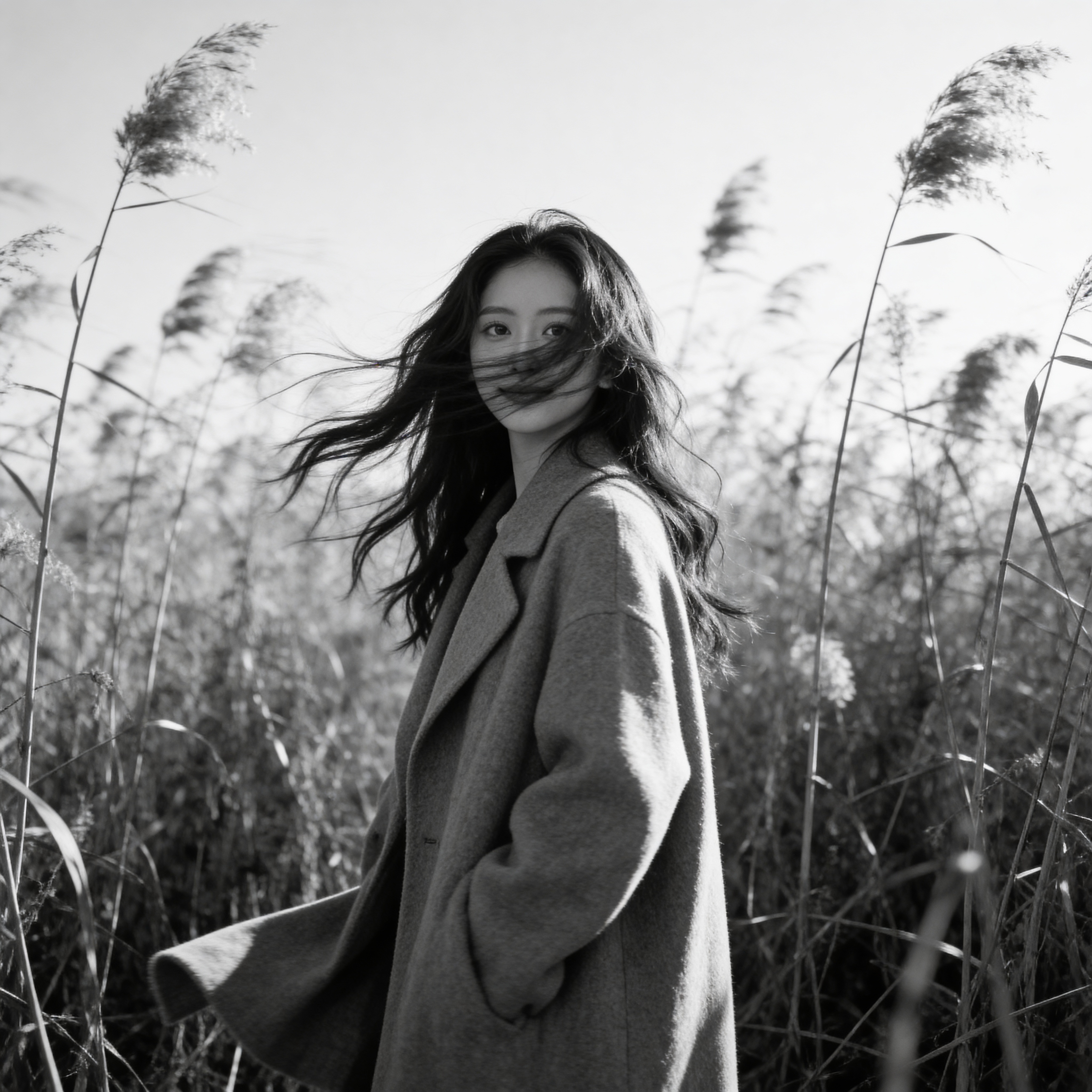 黑白艺术人像 - 芦苇丛大衣美女 - 氛围感摄影素材