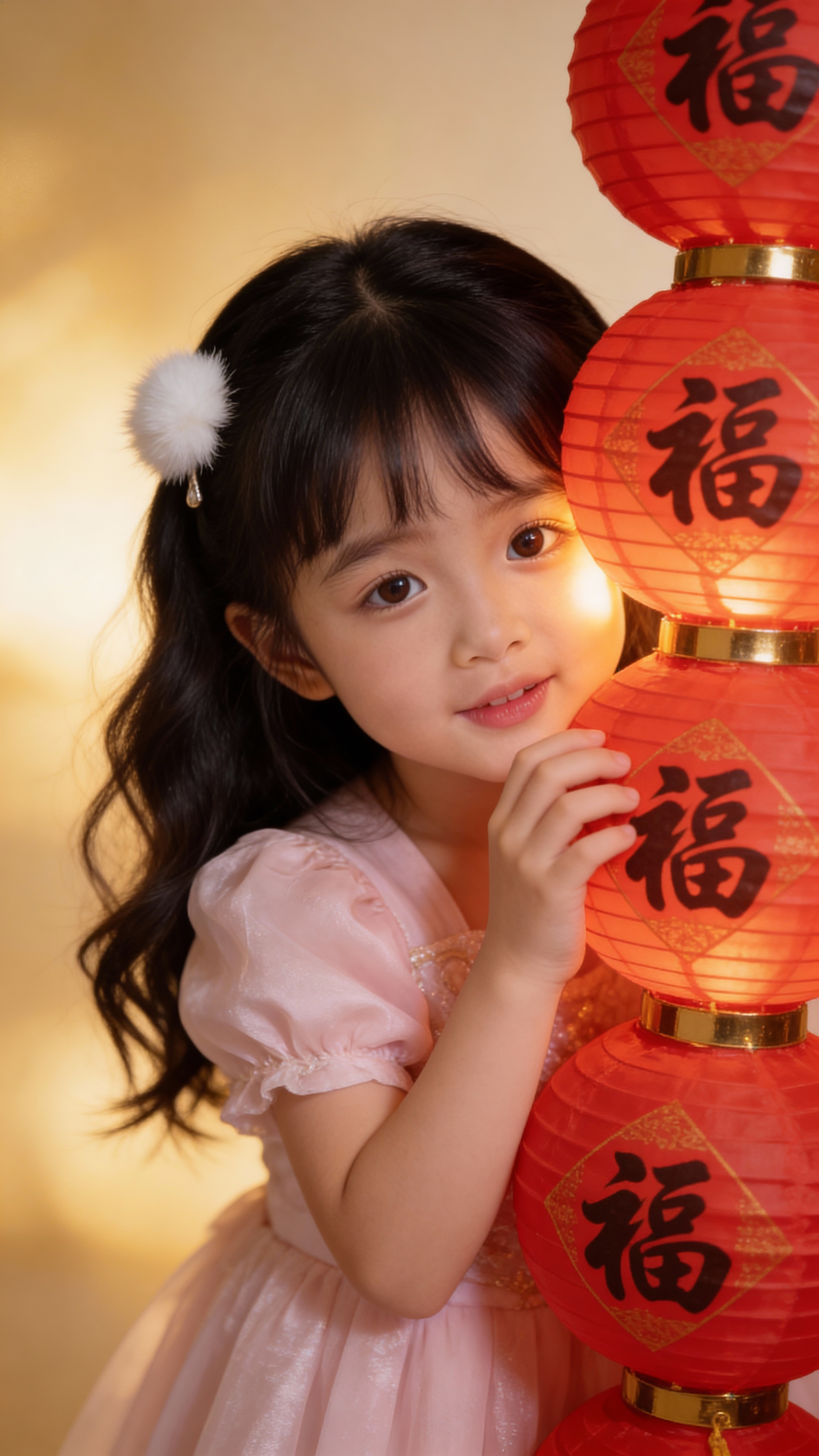 小女孩春节写真-红色福字灯笼背景-儿童贺岁海报素材