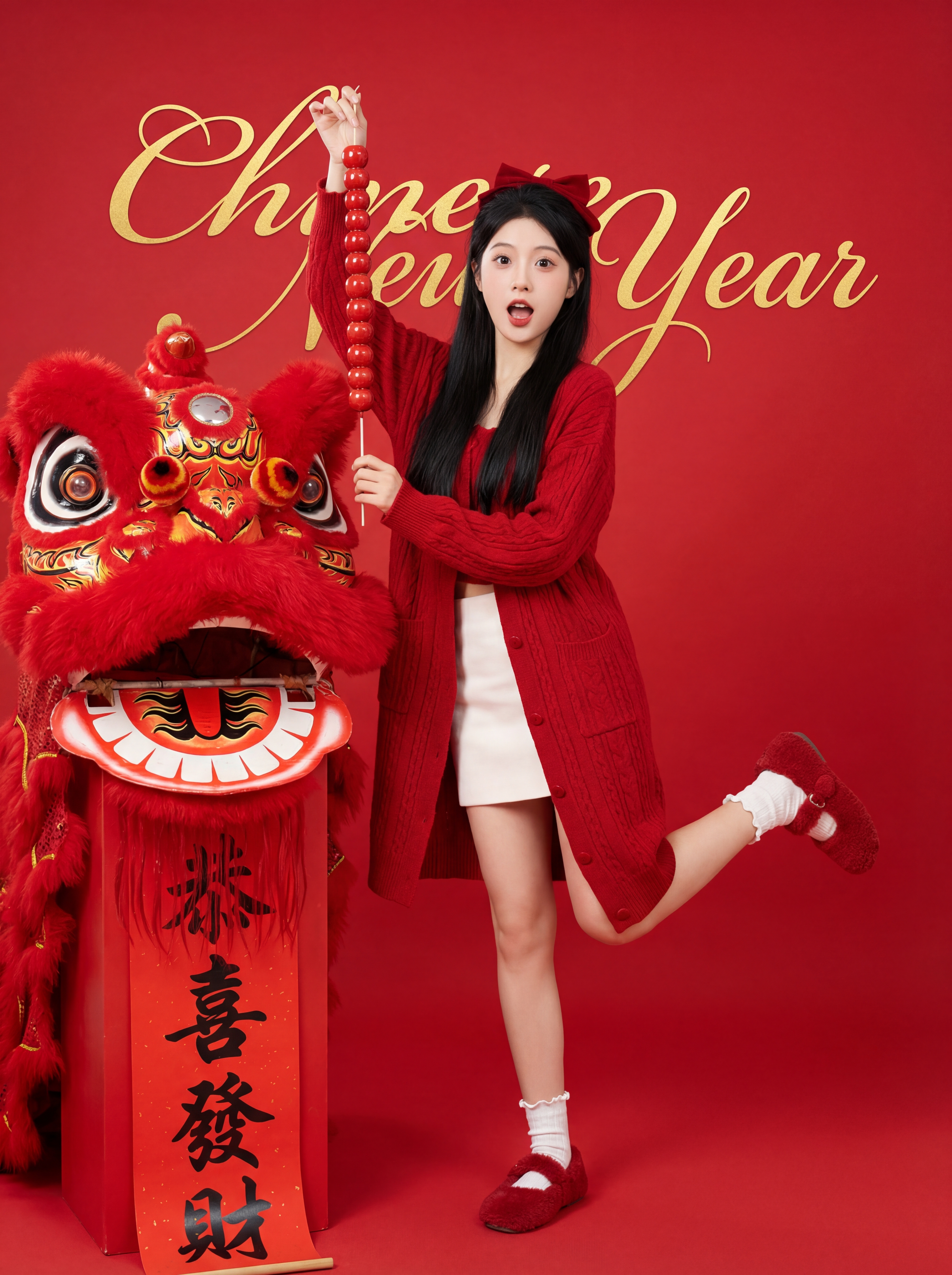 AI新年海报 - 创意舞狮贺岁女性写真