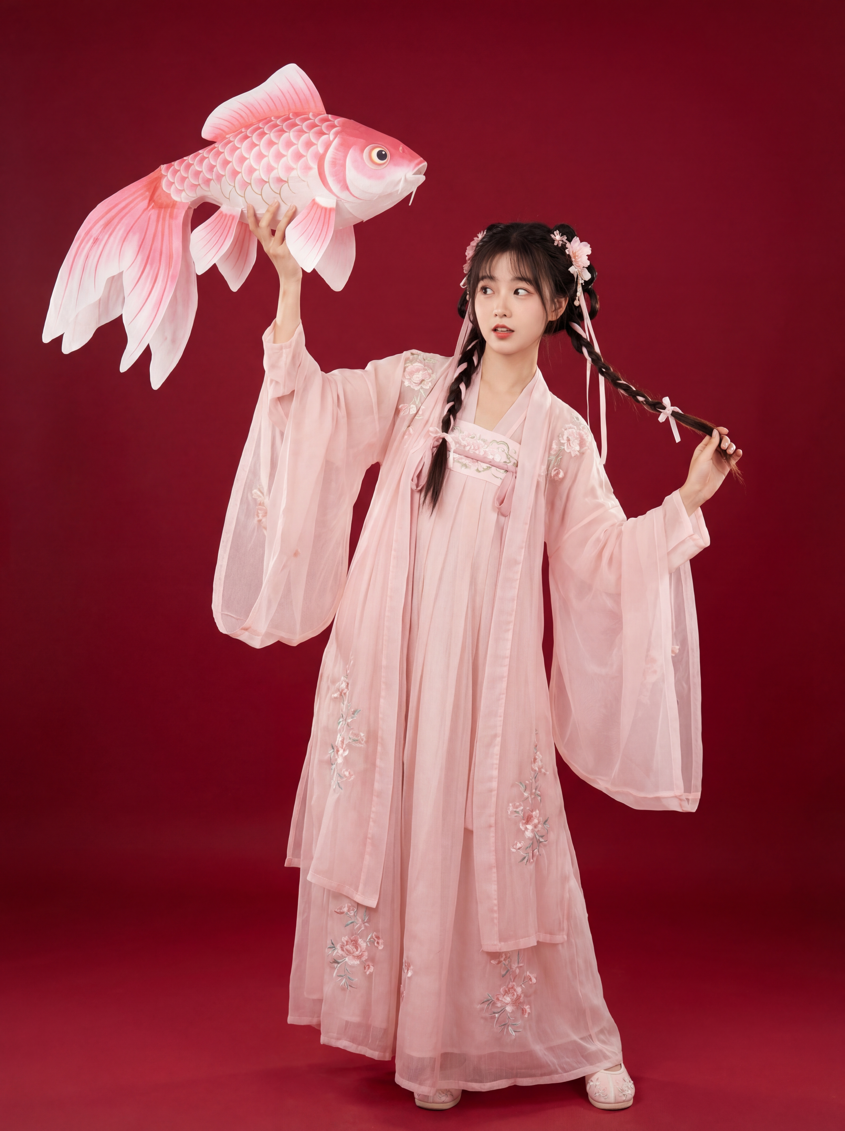 AI国风汉服少女 - 锦鲤灯笼新春海报设计