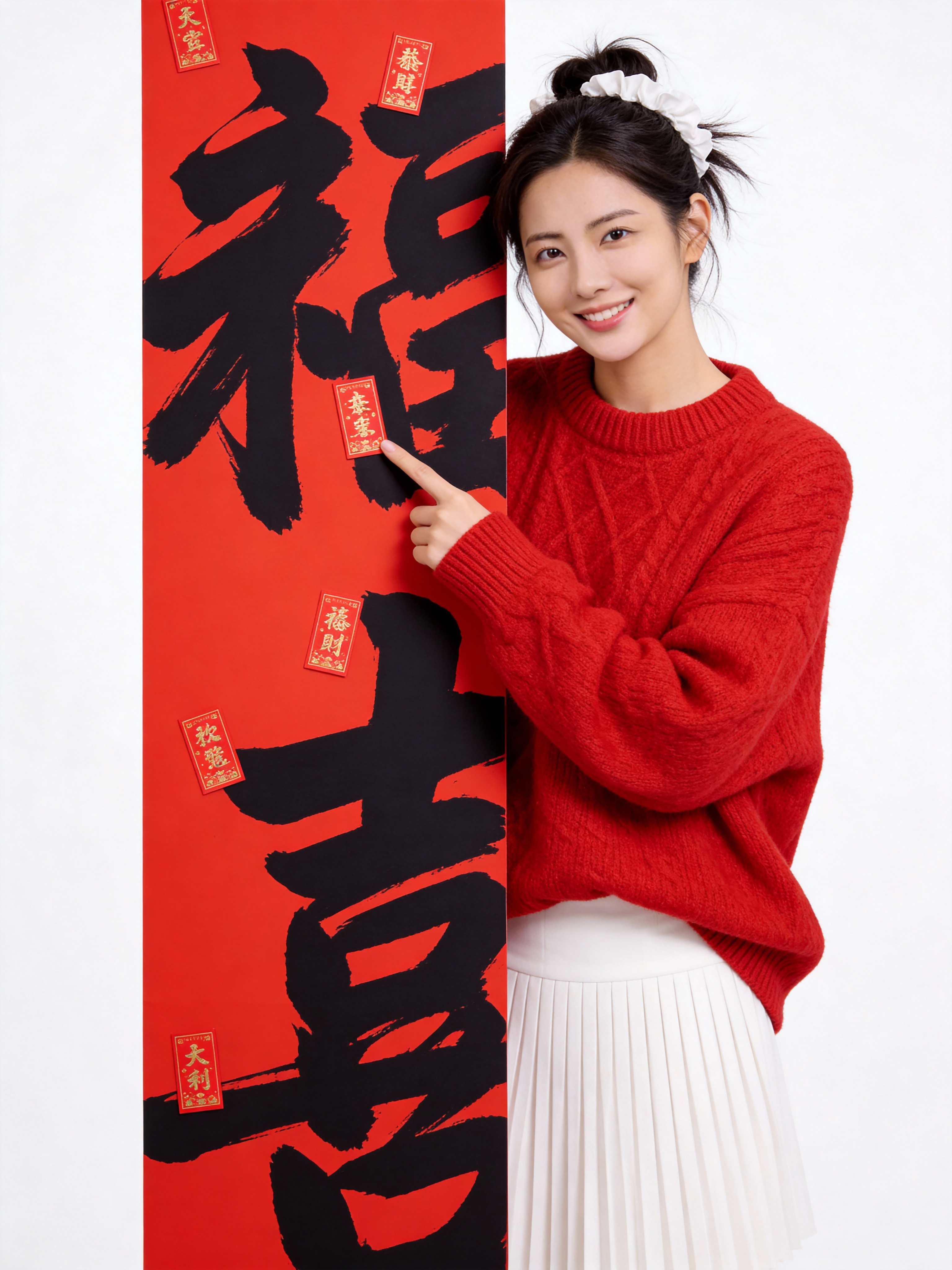 AI新春贺岁海报 - 喜庆红衣少女送祝福