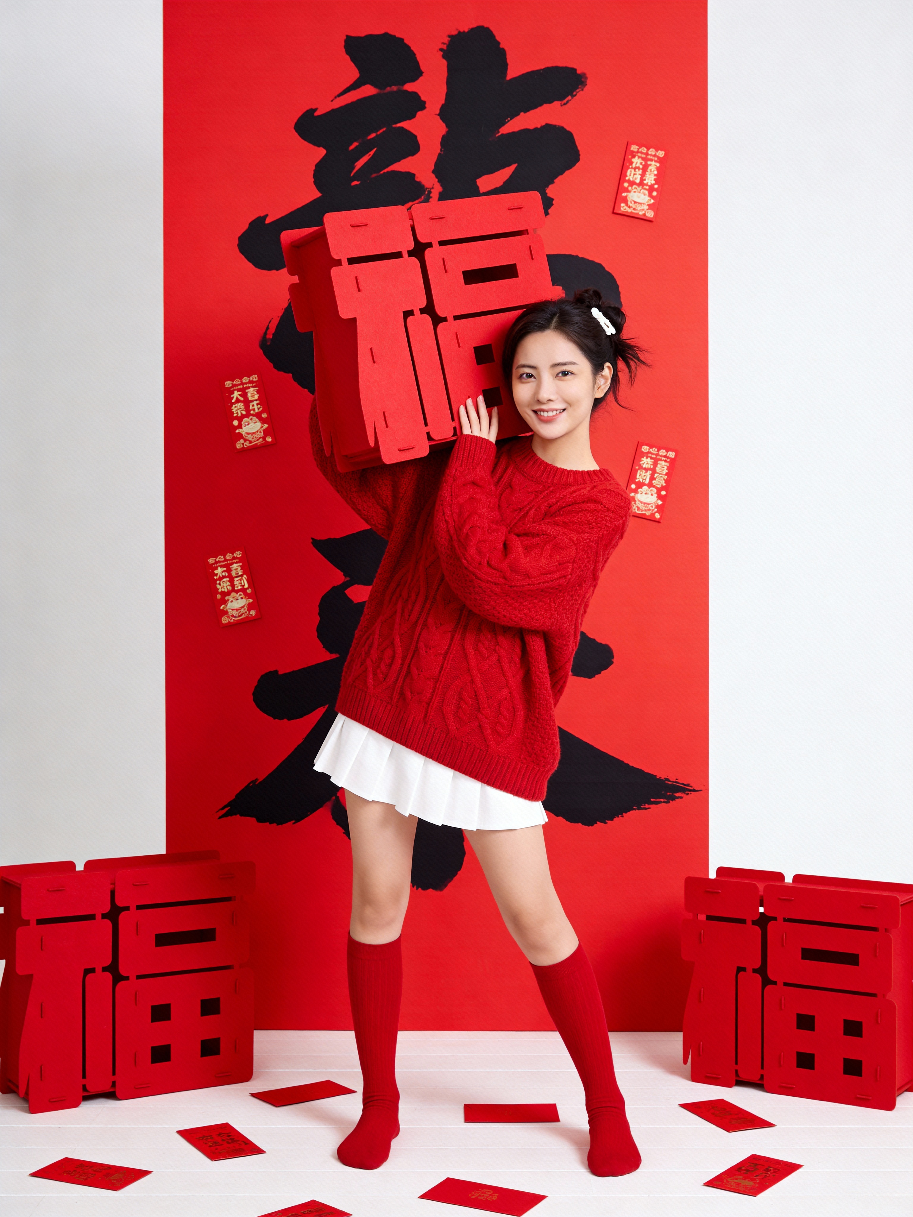 AI新年写真 - 喜庆女孩扛大福字海报